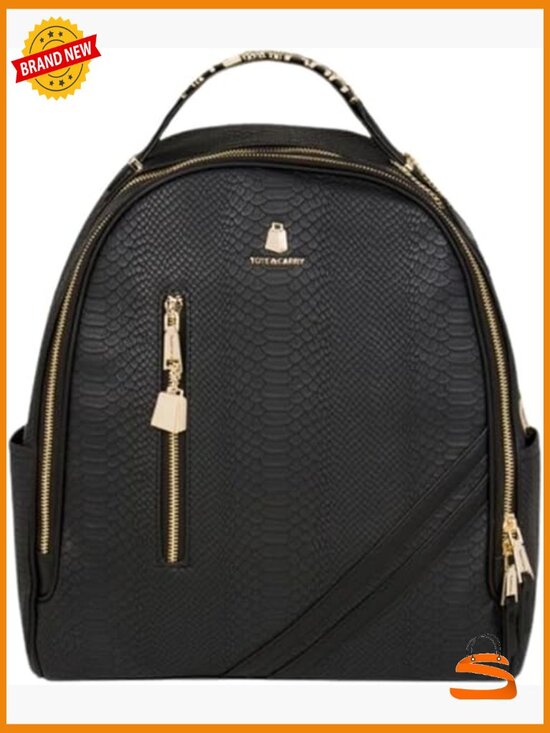 Large Vegan Leather Backpack, Water-Resistant, Laptop Carry-On, Gold Zippers main image 4